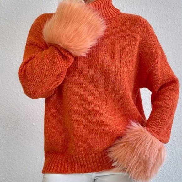 orange  faux fur Cuff TurtleNeck Knit Sweater Top - Picture 2 of 6